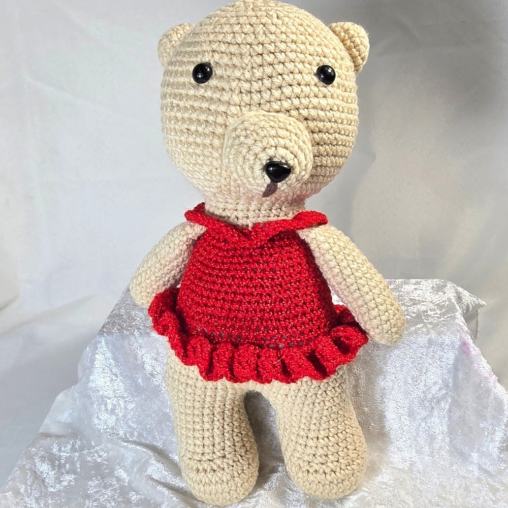 12" Handmade Crochet Teddy Bear‎ Amigurumi Plush Toy Red Dress Beige Tan